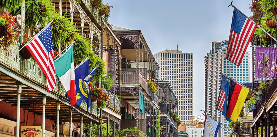 A view down a street in the French Quarter of New Orleans, USA